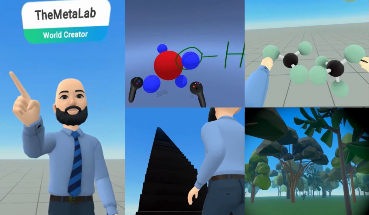 The image is a collage of several screenshots from the virtual reality (VR) application named "TheMetaLab". In the top left corner, there's a character pointing upwards, an avatar used within the VR space. The middle top image shows the VR controllers interacting with a simple molecular model, indicating that this application might have educational purposes, such as teaching chemistry. The image to the right top shows a first-person perspective of a hand placing a carbon molecule on a flat surface. Lastly, the bottom image features a forest, as the user can build and explore their own created environments. This seems like a versatile VR tool aimed at creativity and learning.